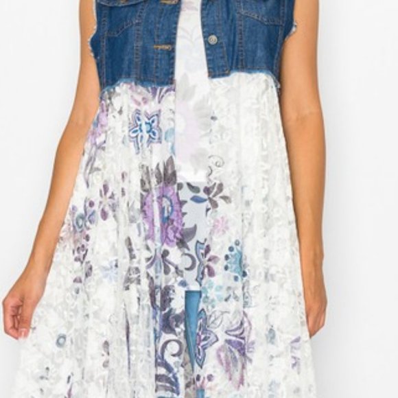 new ORIGAMI DUSTER CARDIGAN VEST FLORAL DENIM & LACE SM-3X western boho chic - Picture 4 of 10